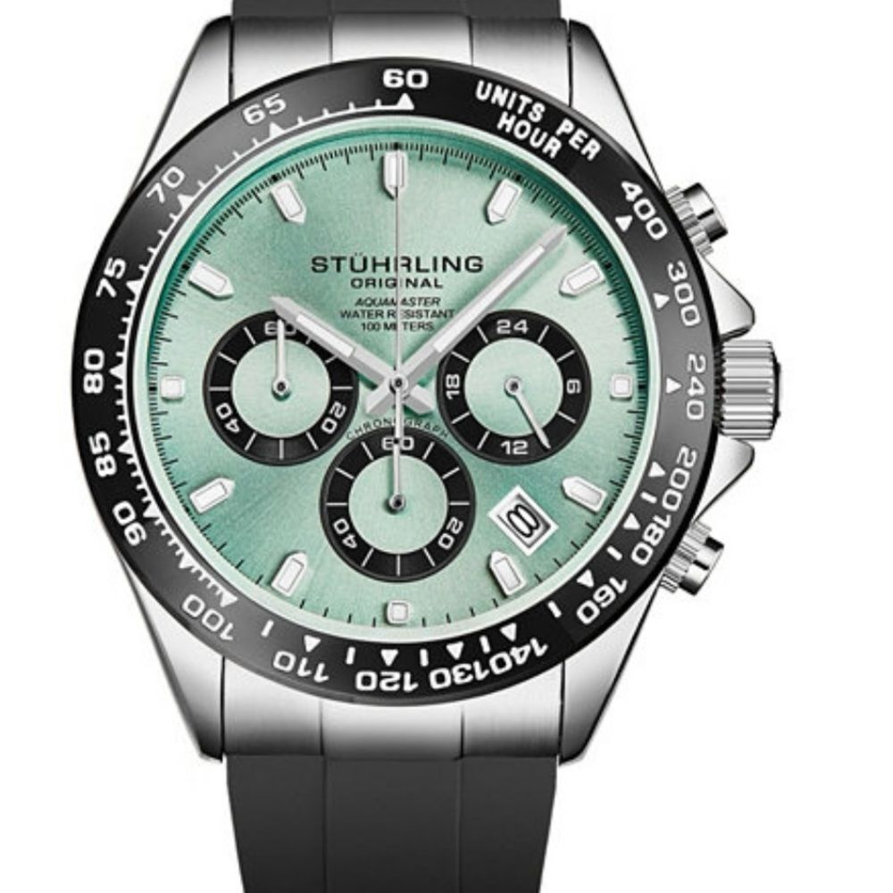 NWT 4050 Men's Quartz Chronograph, Alloy Silver Case, Green Dial, Black Bezel